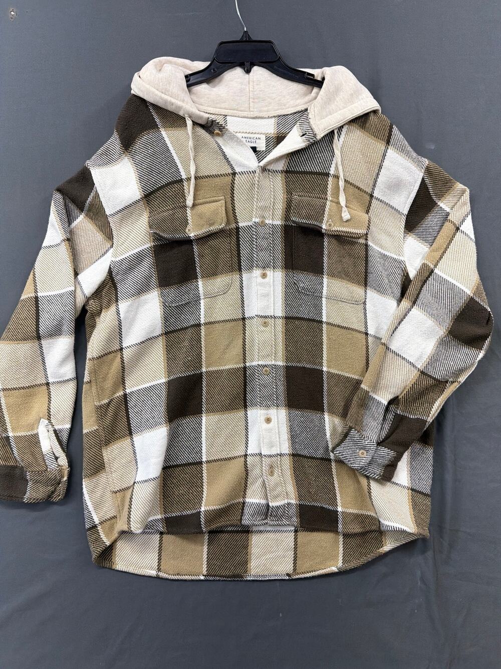 American Eagle XL Tall Hooded Flannel Shirt Jacket Plaid Tan Brown Shacket